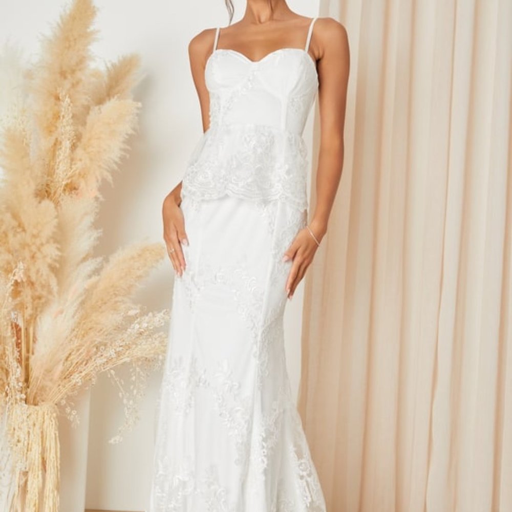 Lulus Eternal Passion White Lace Bustier Peplum Mermaid Maxi Dress - Size XL